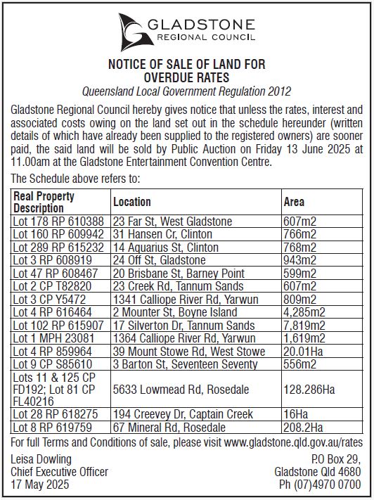 Notice of sale of land for overdue rates advertised 17 may 2025