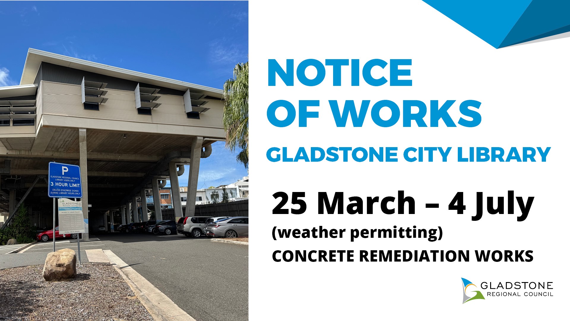 Notice of works at gladstone city library in page